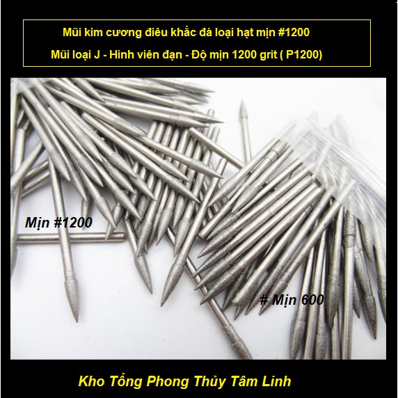 Mũi mài kim cương cát mịn 1200 grit chạm khắc ngọc điêu khắc đá hàng cao cấp loại J| Kho tổng Phong Thủy Tâm Linh