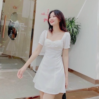 Váy Chữ A cổ vuông tiểu thư xinh xắn,Đầm chữ A cổ vuông nhún ngực siêu xinh
