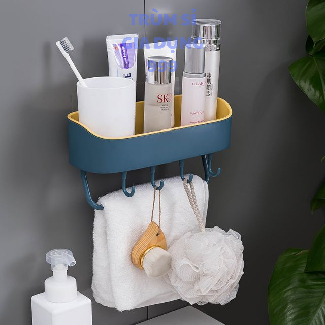Kệ nhựa dán tường đựng đồ phòng tắm có 4 móc và 1 thanh treo đồ