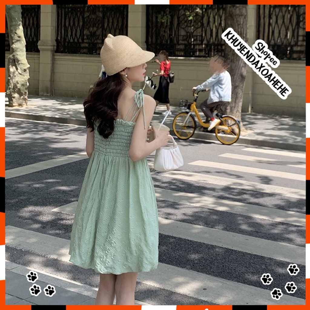 V001 Váy 2 dây thắt nơ chun ngực viền bèo Ulzzang dáng xòe tiểu thư, đầm voan mềm công chúa bánh bèo Hàn Quốc đi biển | BigBuy360 - bigbuy360.vn