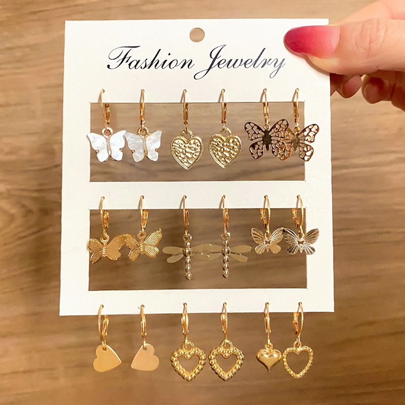 Set 9 Đôi Bông Tai Mạ Vàng Hình Bướm / Trái Tim Đơn Giản Thời Trang Âu Mỹ