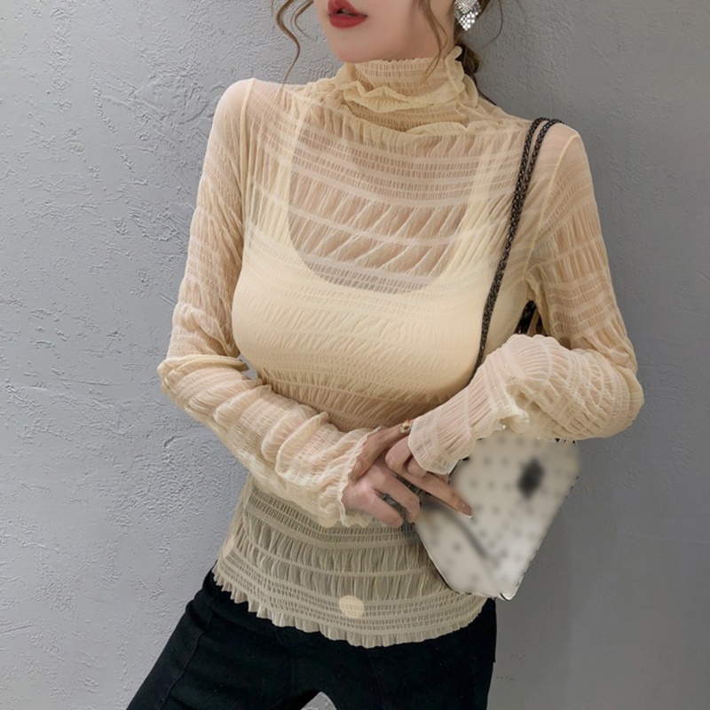 Áo Thun Dài Tay Cổ Lọ Phối Lưới Xuyên Thấu Thời Trang Cho Nữ
