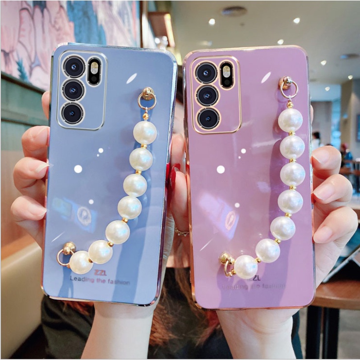 Ốp điện thoại mềm mạ viền vuông có dây đeo xỏ ngọc trai giả cho Samsung A52s A72 A32 A52 A22 A30 A20 M32 6D