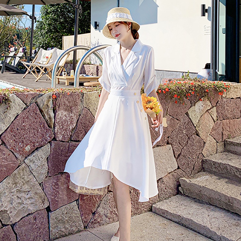 IELGY Đầm Dáng Chữ A Tay Ngắn Cổ Chữ V Màu Trơn Eo Cao Phong Cách Phương Tây Thời Trang Cho Nữ