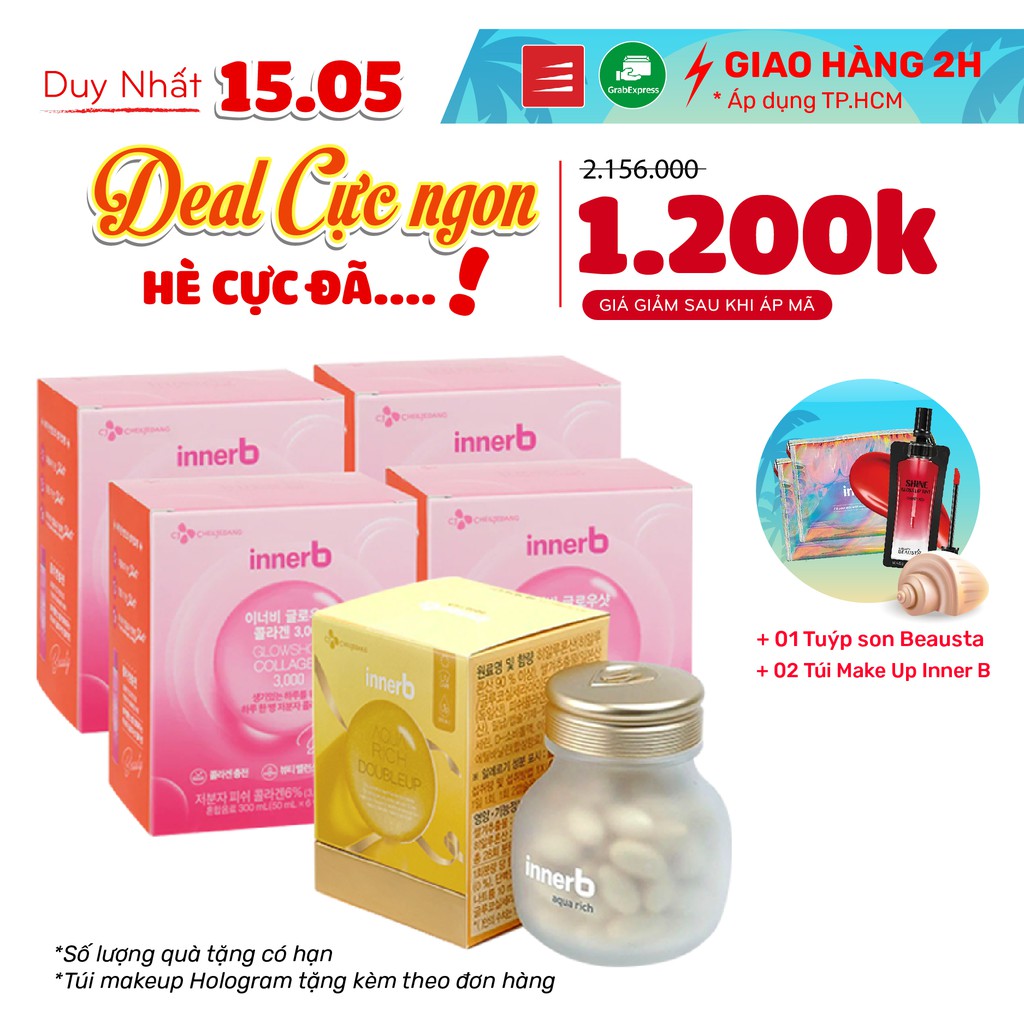 [Mã FMCG100K - 10% đơn 500K] Combo giữ ẩm da sáng mịn InnerB Aqua Rich DoubleUp & 4 hộp Collagen InnerB Glowshot