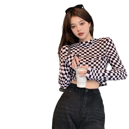 QKOOLE  Áo sơ mi ngắn tay họa tiết caro trắng đen cổ điển phong cách Hàn Quốc thời trang cho nữ