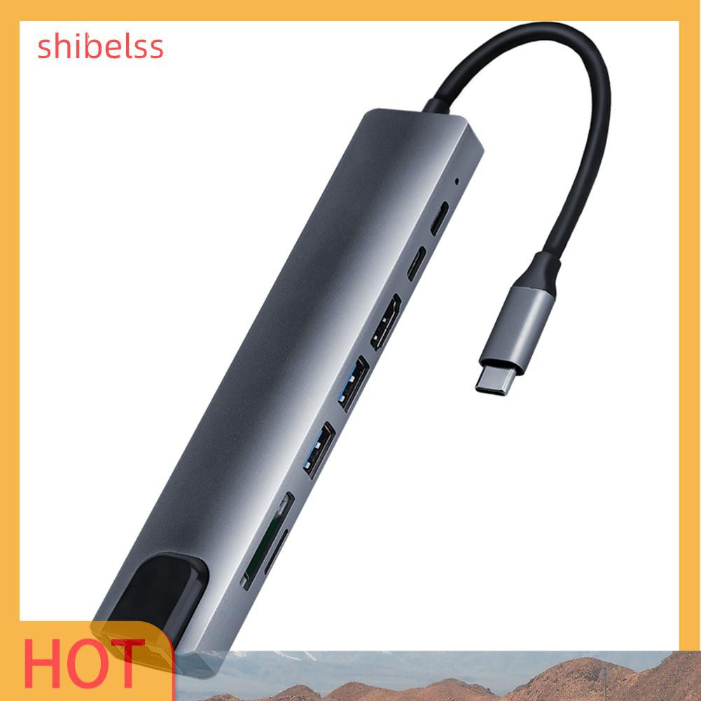 （ʚshibelss）8 in 1 Type-C HUB Converter 4K HDMI 2 USB3.0 USB C PD SD/TF RJ45 Adapter