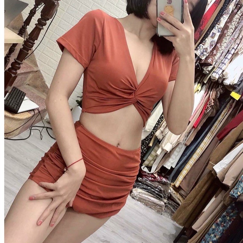 Bộ đồ bơi nữ, Set bơi áo croptop xoắn + quần nhún, Đồ bơi, đồ đi biển