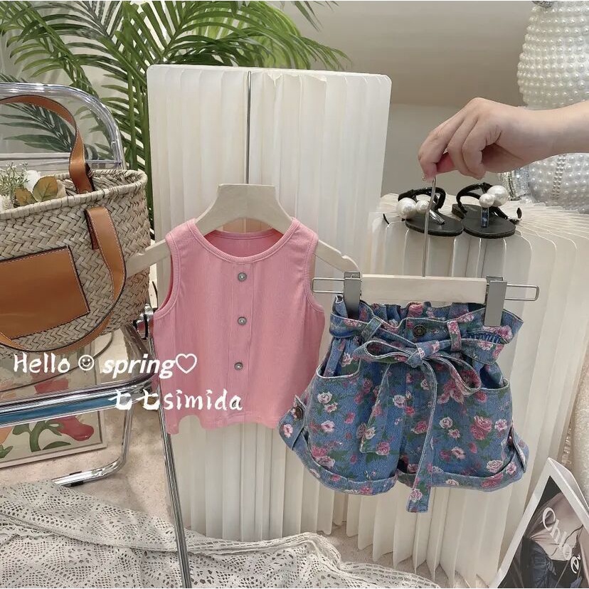 Set Đồ Mùa Hè 5 Món Gồm Áo Ba Lỗ Và Quần Ngắn Denim Thoáng Khí Hợp Thời Trang Cho Bé Gái