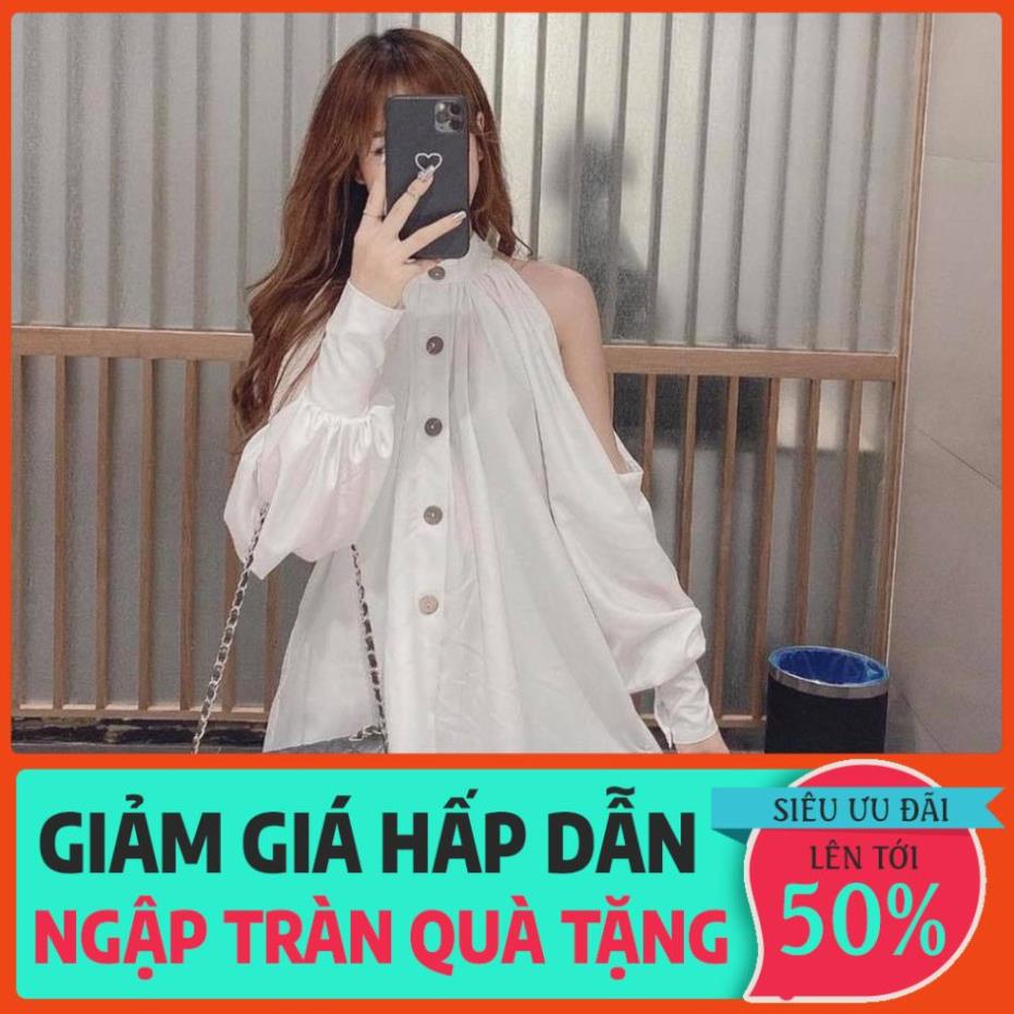 Áo sơ mi nữ kiểu A.205, áo sơ mi dáng dài khoét vai tay bồng bo cùng hàng cúc gỗ hàn quốc cực xinh *
