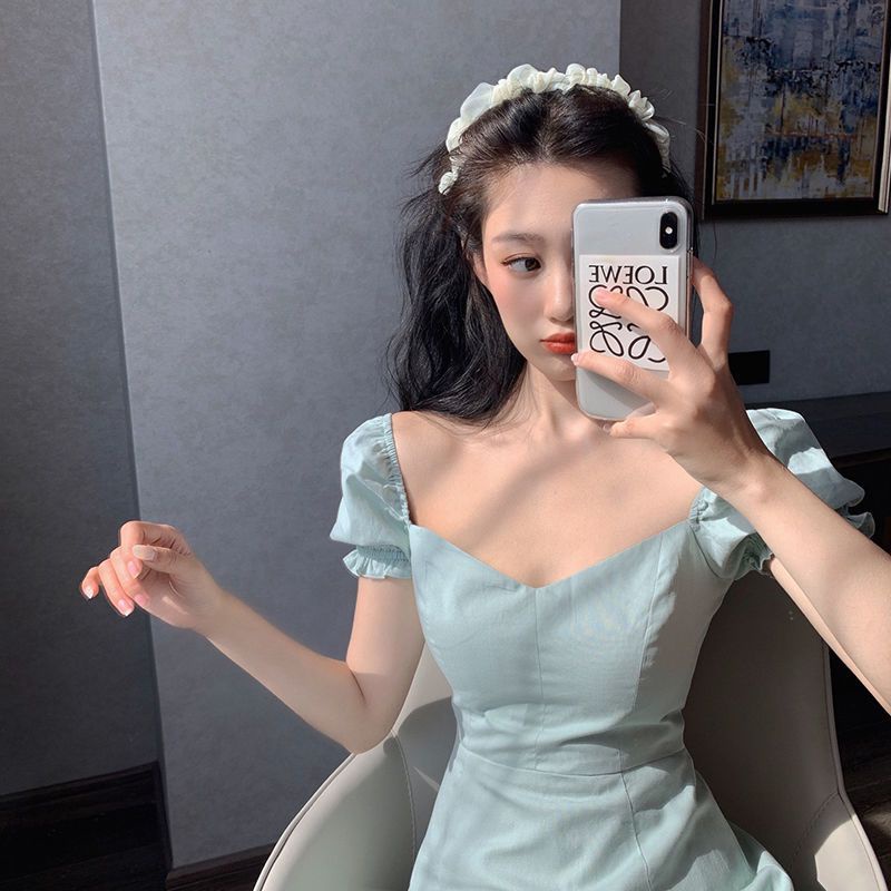 [MURIOKI] Đầm Dáng Chữ A Tay Phồng Cổ Chữ V Màu Xanh Lá Phong Cách Pháp Thanh Lịch Cho Nữ