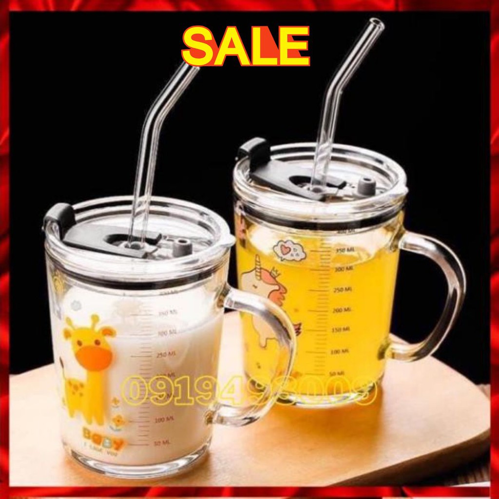 Cốc pha sữa thuỷ tinh chia vạch có nắp và ống hút cho bé