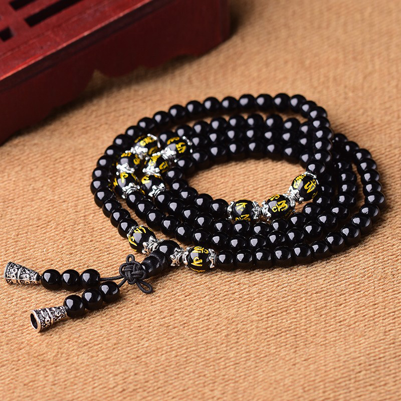 Vòng tay thu hút vận may 108 hạt đá obsidian 6mm