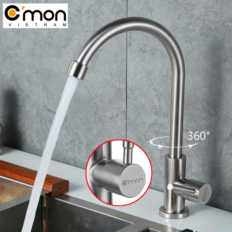 Vòi rửa chén bát lạnh cao cấp inox 304 xoay 360° C'MON VBL-02 + TẶNG vòi điều hướng 360°