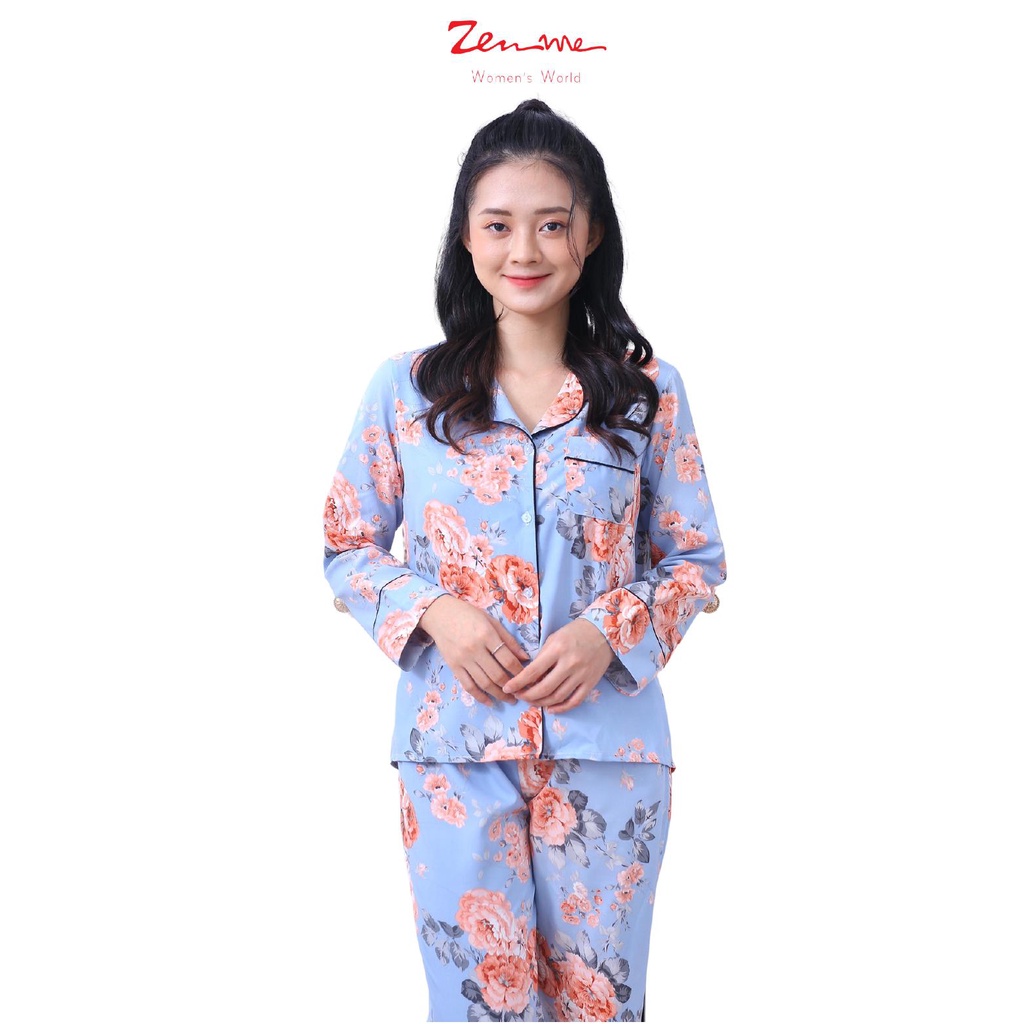 Bộ đồ mặc nhà Zen Me chất lụa Hàn cao cấp dáng dài họa tiết trang nhã thanh lịch