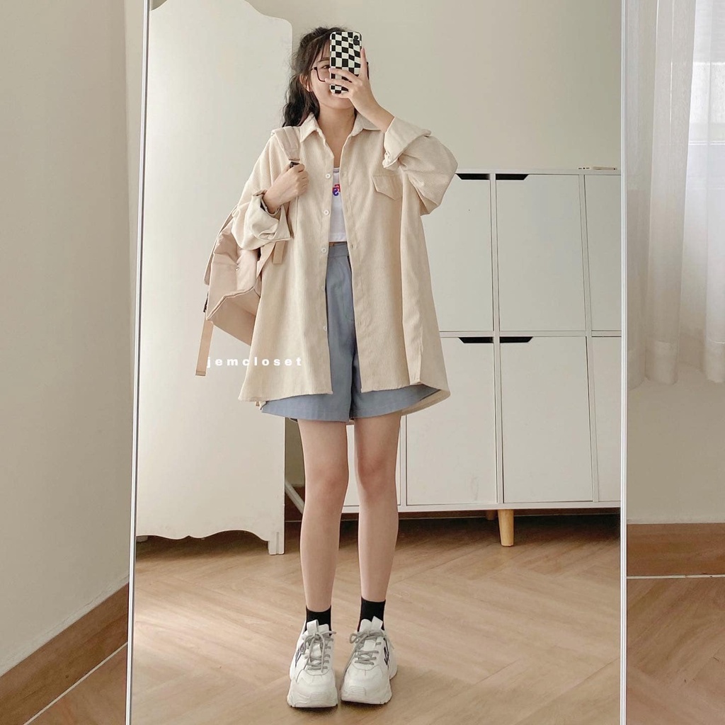 Áo Sơ Mi Nữ Form Rộng 2 Túi Hộp JEM CLOSET Sơ Mi Nhung Tăm Tay Dài Thiết Kế Trơn Basic Khoác Ngoài Cực Xinh YOLI 10171