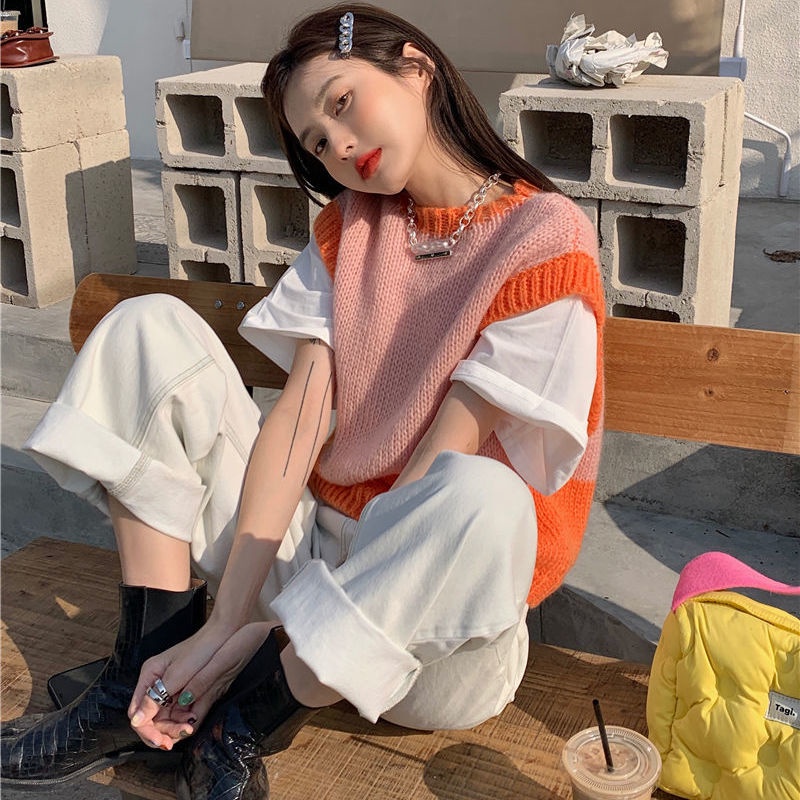 Áo dệt kim không tay dáng rộng thời trang phong cách dễ thương cho nữ