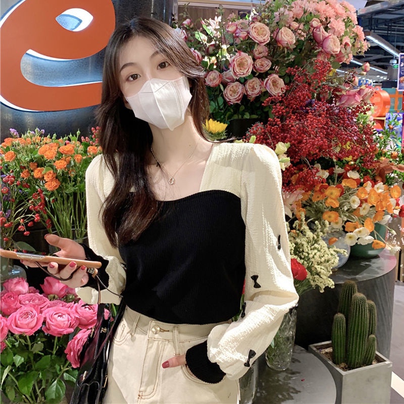 Áo kiểu tay dài cổ vuông thiết kế mới thời trang theo phong cách pháp dành cho nữ