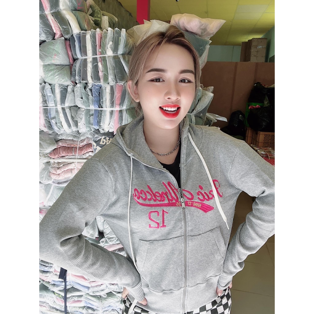 Áo khoác nữ có nón chất thun gân tăm mềm mát co giãn lên phom siêu ôm dáng phối sọc dễ thương