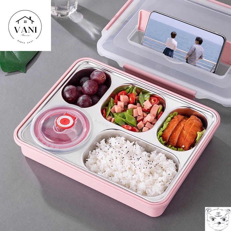 Khay Đựng Cơm, Hộp Đựng Cơm Inox LUNCH BOX Cao Cấp 5 Ngăn Đa Năng Tiện Lợi