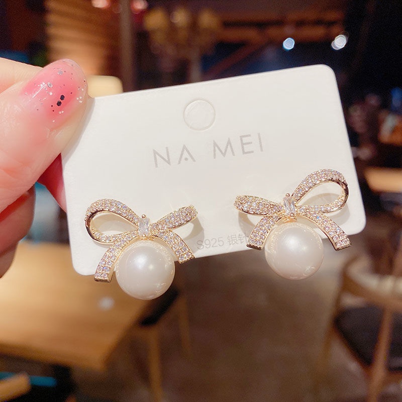 Bông tai mạ bạc 925 hình nơ đính ngọc trai nhân tạo phong cách hàn quốc