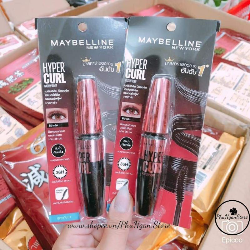 (Cong, dày mi x3)Chuốt mi Mascara Maybelline Hyper Curl Waterproof bản Thái Lan không lem, tơi mi