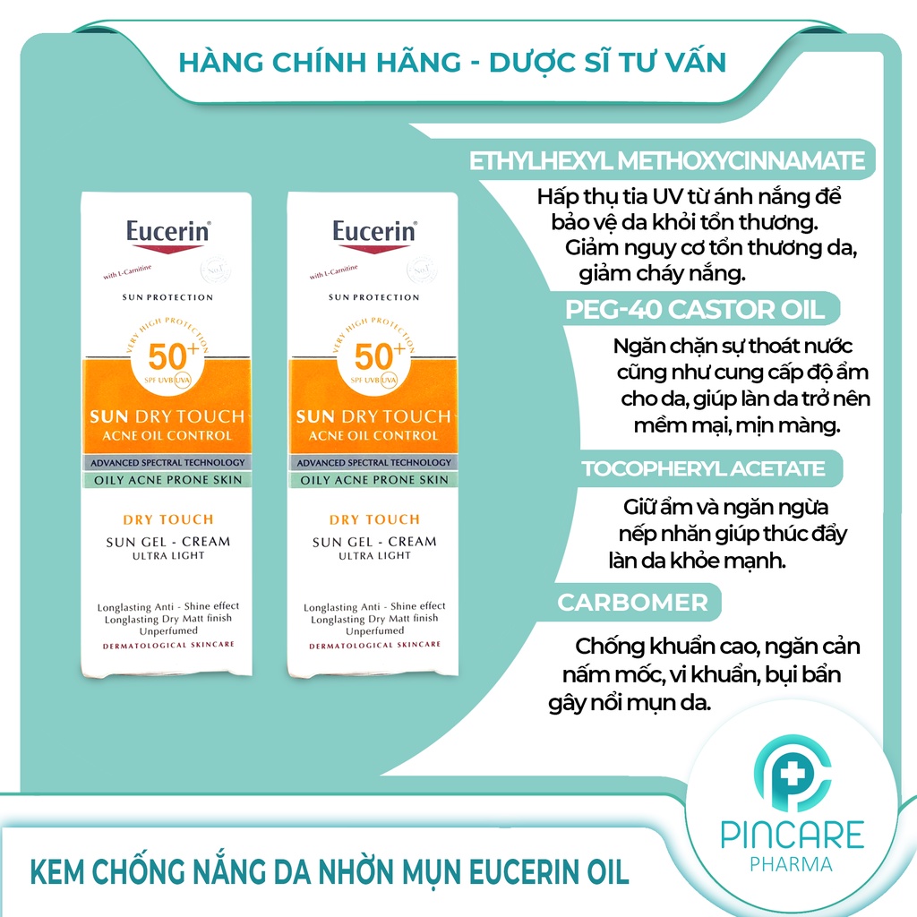 Kem Chống Nắng Eucerin Oil Control Dry Touch SPF 50+ Cho Da dầu Mụn 50ml - Hàng Chính Hãng - Nhà Thuốc PinCare