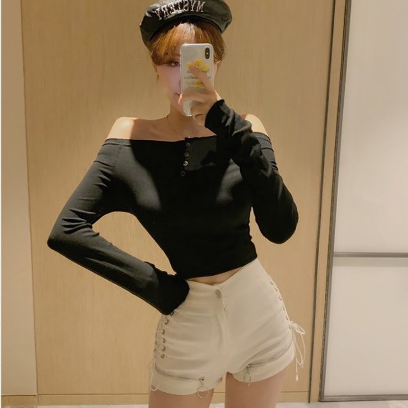 IELGY Áo Thun Crop top Tay Dài Một Mảnh Trễ Vai Eo Cao Cho Nữ