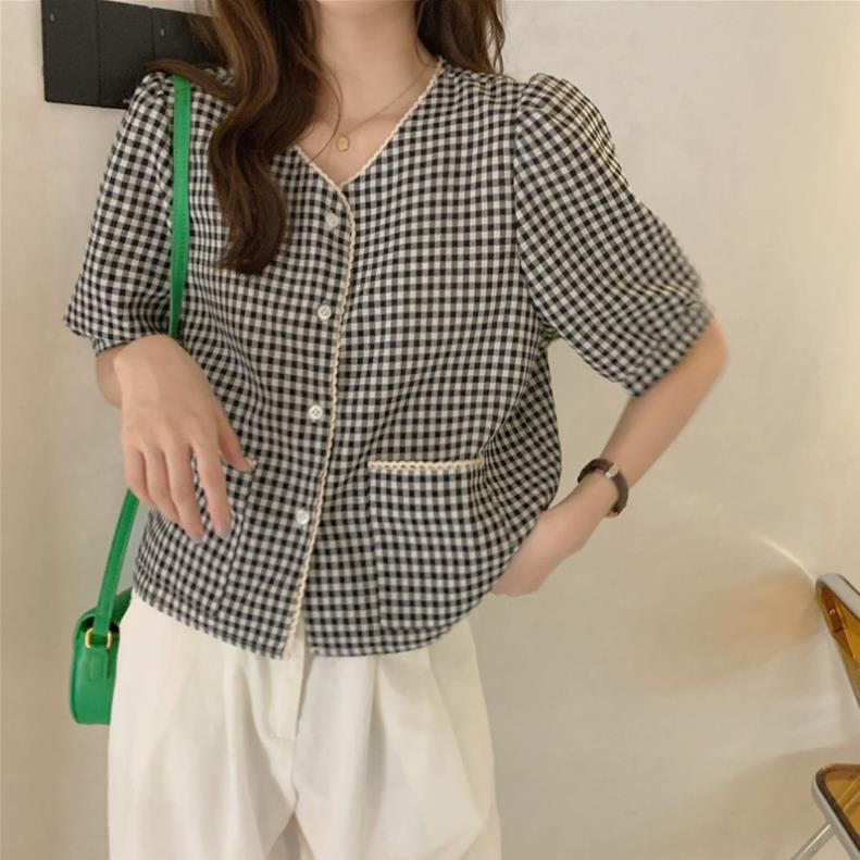 Siêu SALE Áo Kiểu 43270 Tay Phồng Cổ Chữ V Phối Ren Thời Trang Dành Cho Nữ