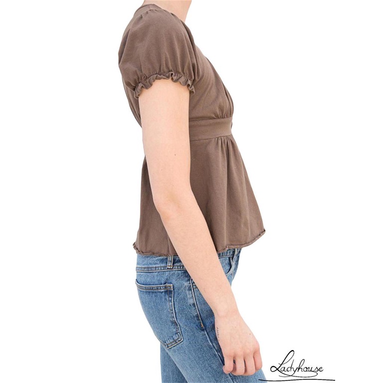 LD-Women´s Tops, V Neck Short Sleeve Fungus Trim Solid Color Loose Casual Pullover T-Shirt Summer