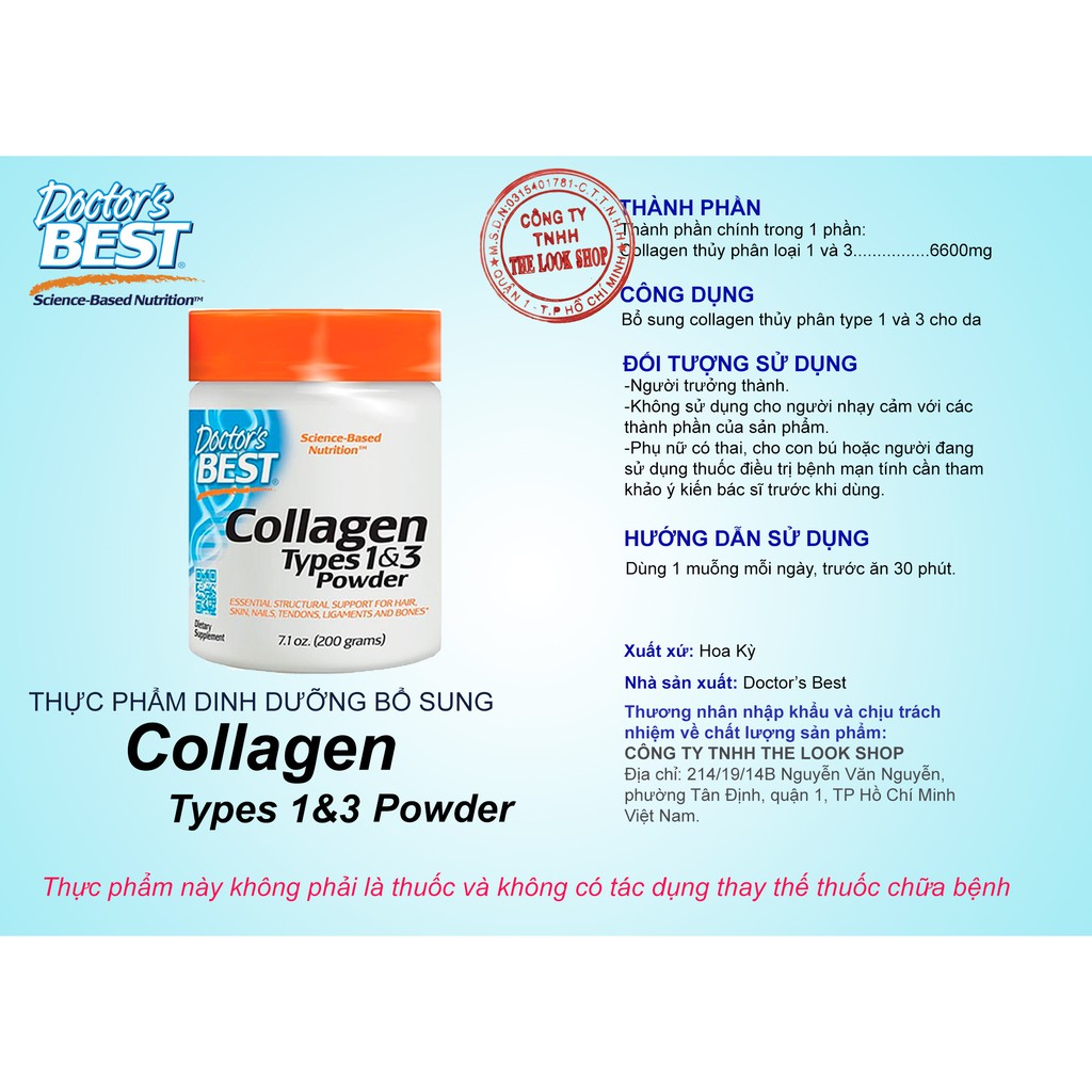 USA- Bột Collagen types 1&amp;3 Powder Doctor's Best 200gr