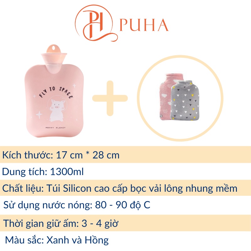 Túi chườm nóng lạnh đa năng Puha 1300ml, sưởi ấm giữ nhiệt giảm đau lưng, bụng hiệu quả họa tiết chú heo cute