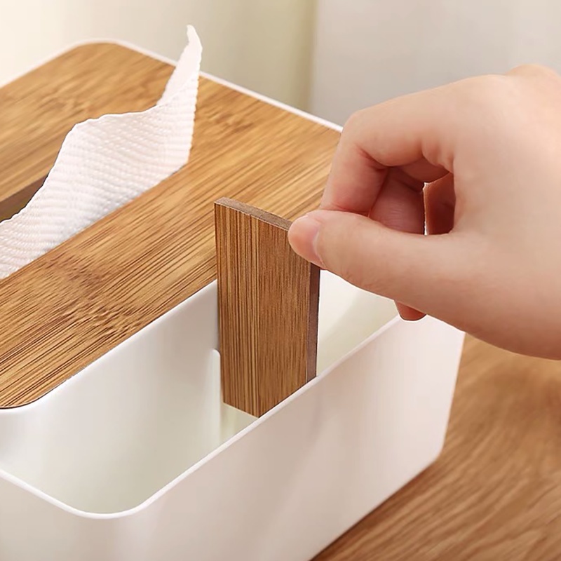 Hộp đựng giấy ăn nắp gỗ 2 tầng có ngăn để đồ tiện lợi