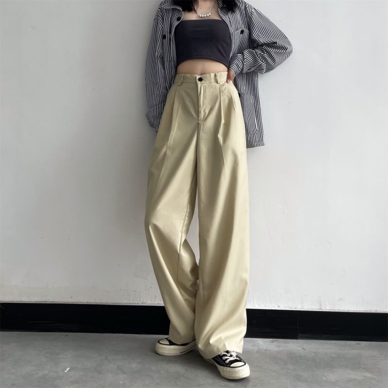 Quần kaki suông ống rộng phong cách Vintage cho Nam Nữ