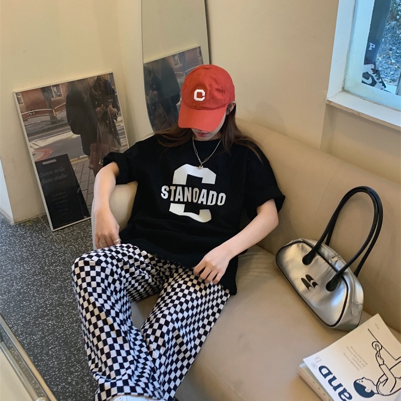 SUXI Áo Thun Tay Ngắn Dáng Rộng In Chữ Đơn Giản Thời Trang Hàn Quốc Cho Nữ