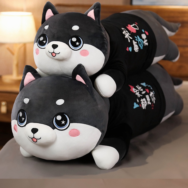 AIXINI ❤80cm/100/120cm Funny Dressed Husky Stuffed Doll Black Clothes Soft Husky Lying Plush Toy Black Dog Animals Kids Birthday Gift