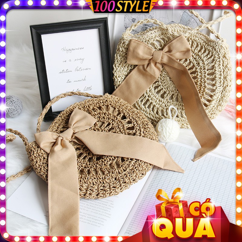 Túi Cói Đi Biển Dáng Tròn Kèm Nơ Korea M656