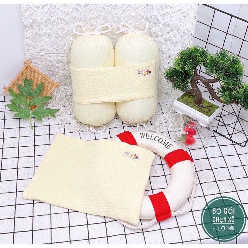 Bộ chặn kèm gối Muslin 8 lớp họa tiết thêu cho bé