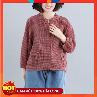 Áo sơ mi nữ cổ tàu kẻ caro, tay lỡ dáng rộng công sở