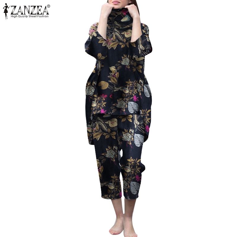 Bộ đồ ZANZEA gồm áo cổ lọ họa tiết hoa và quần ống rộng lưng thun thời trang Châu Âu dành cho bạn nữ