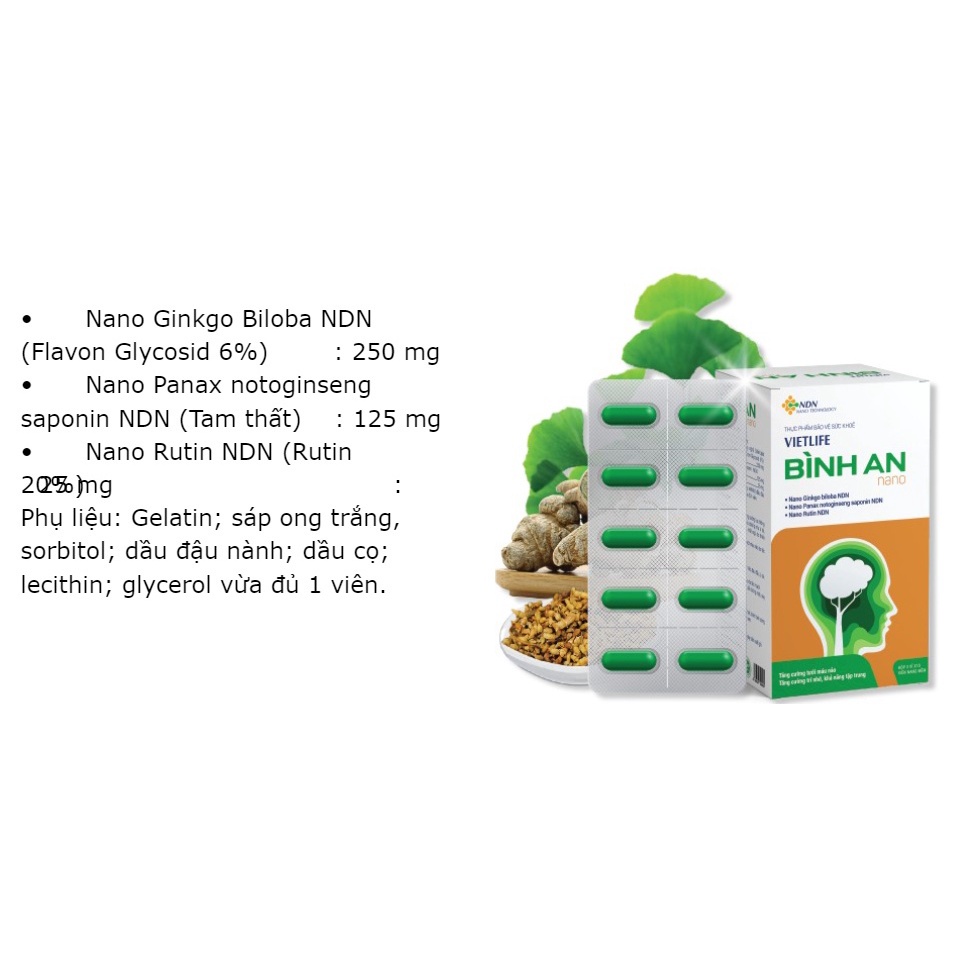 Viên bổ não Vietlife Bình An - Giúp hoạt huyết ,Tăng cường lưu thông máu não ,Hỗ trợ phục hồi sau tai biến Hộp 30 viên