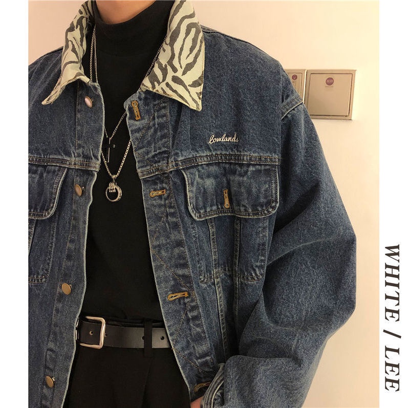 Áo Khoác Denim Dáng Rộng Thêu Họa Tiết Ngựa Vằn Phong Cách Đường Phố Xuân Thu Dành Cho Nam