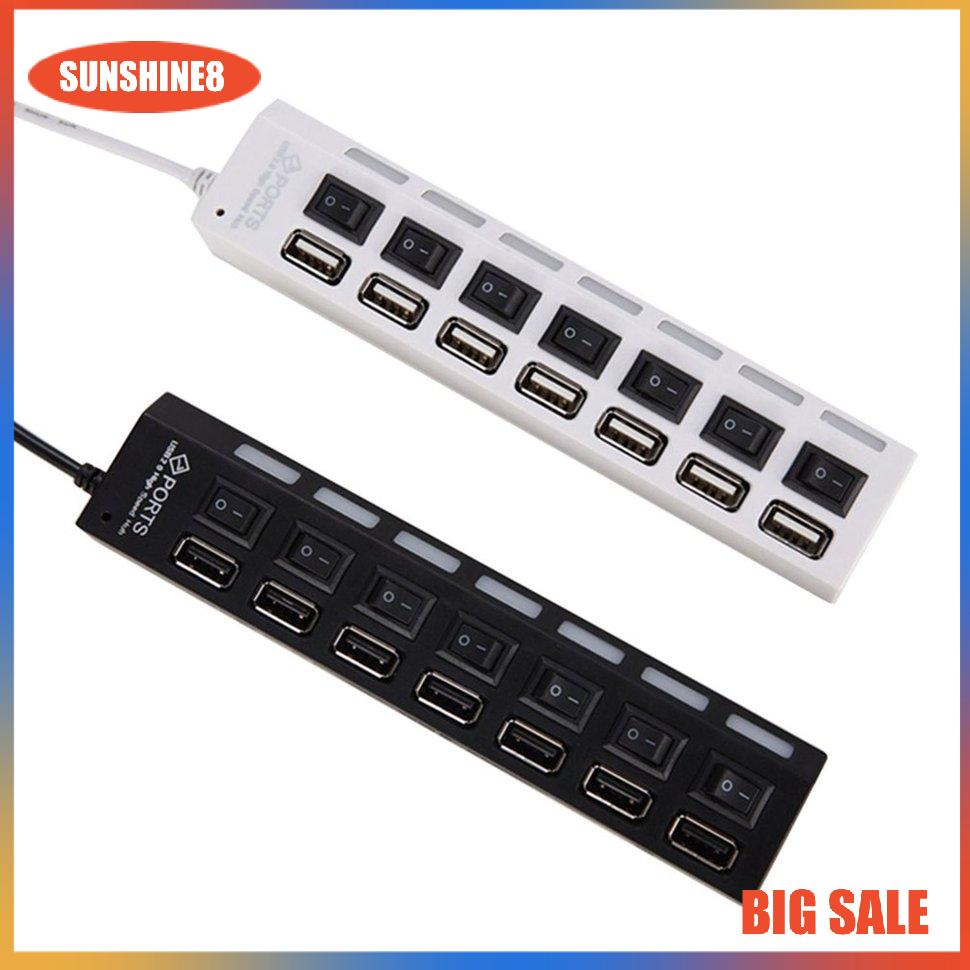 【SUN】7 cổng Thiết kế phổ quát Home Office LED USB 2.0 Adapter Charging Hub