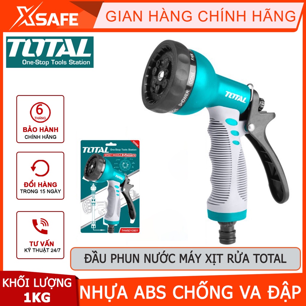 Vòi phun nước xịt rửa TOTAL THWS010901 Vòi xịt tưới cây 8 tia, bộ công cụ 3/4&quot;, thân nhựa ABS TPR tay cầm thoải mái