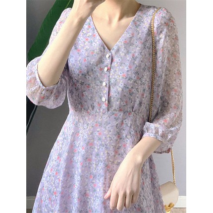 Váy voan hoa nhí màu tím Pastel nhẹ nhàng tiểu thư dáng dài tay lỡ