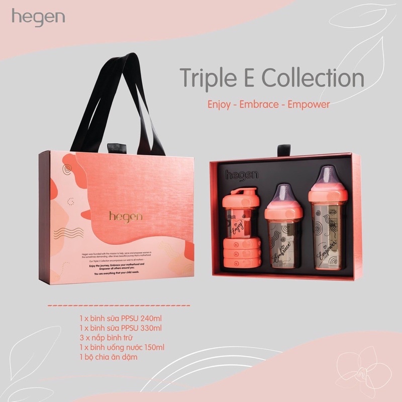 Bộ quà tặng Hegen Triple E Collection (Gồm 1 bình uống nước 150ml + 1 bình sữa 240ml + 1 bình sữa 330ml + 3 nắp đậy)