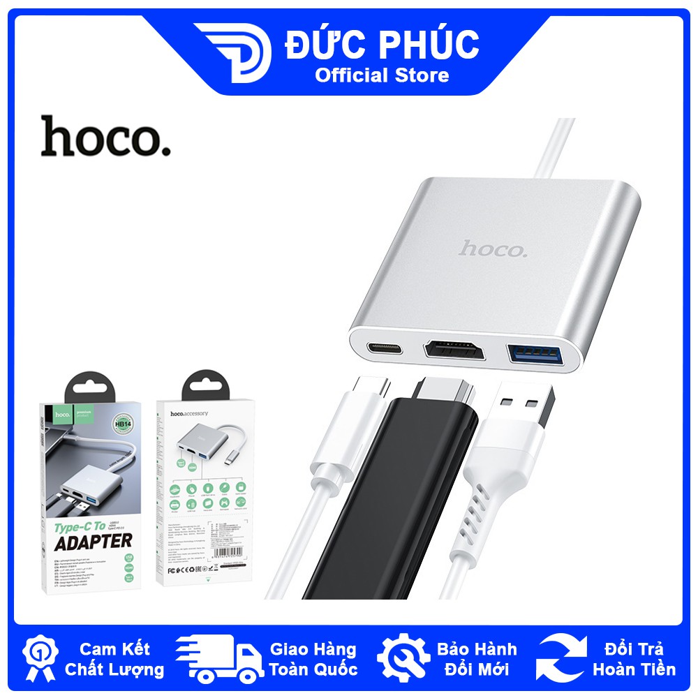 BỘ CHIA CỔNG Hoco HB14, Type C ra HDMI + USB 3.0 + TYPE C – Chính Hãng