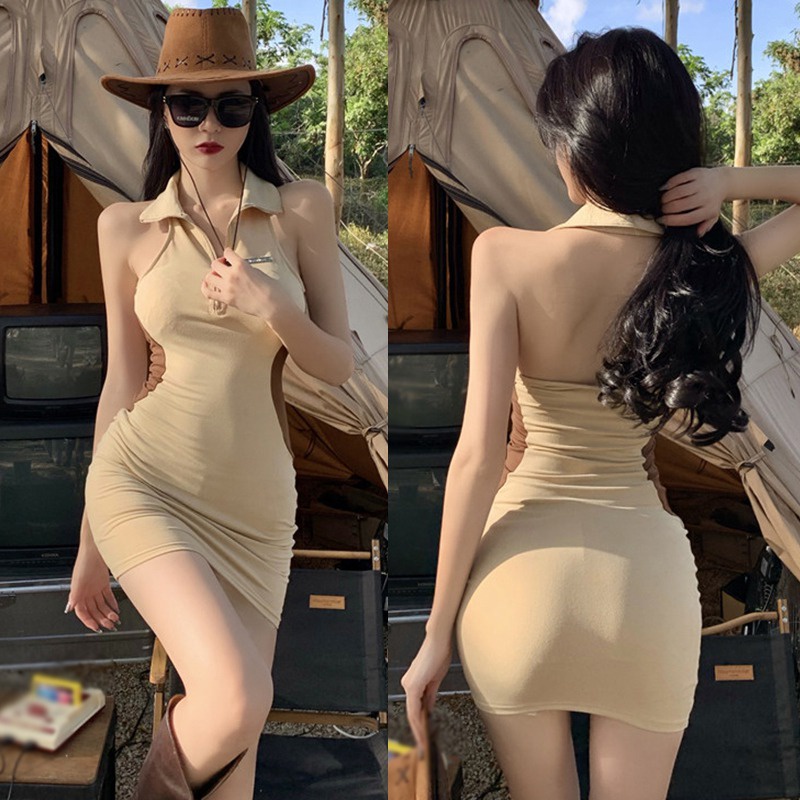 Đầm ngắn tay dáng ôm phối khóa kéo màu sắc retro quyến rũ cho nữ