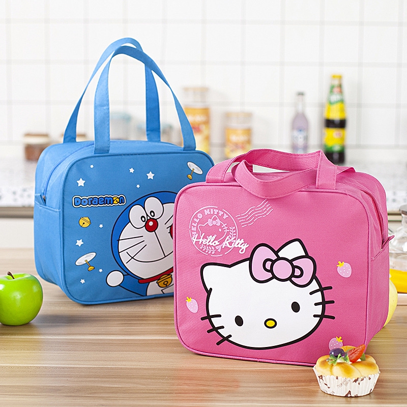 Túi đựng hộp cơm giữ nhiệt in họa tiết mèo kitty/doremon dễ thương tiện dụng