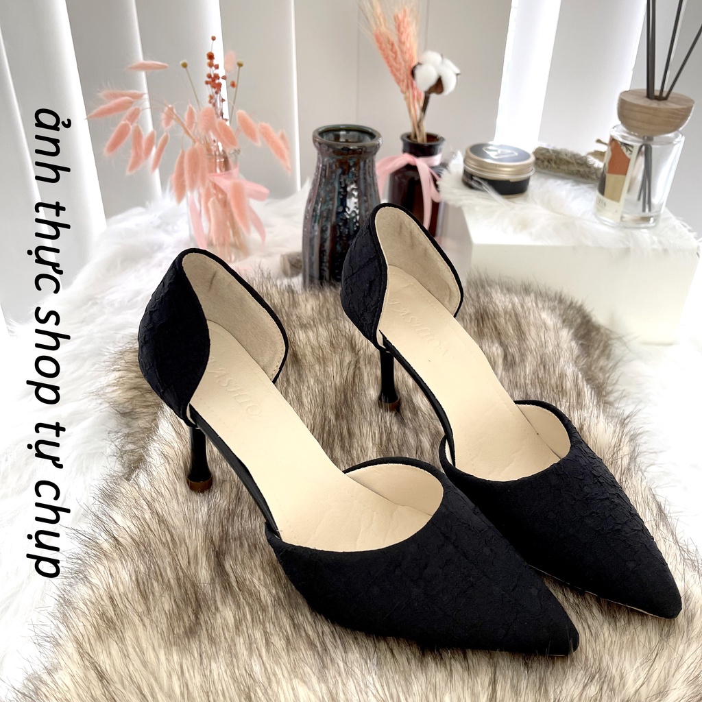 Giày cao gót nữ gót nhọn mùa hè phong cách Pháp cao 7.5cm mũi nhọn màu đen dễ phối đồ 11020062